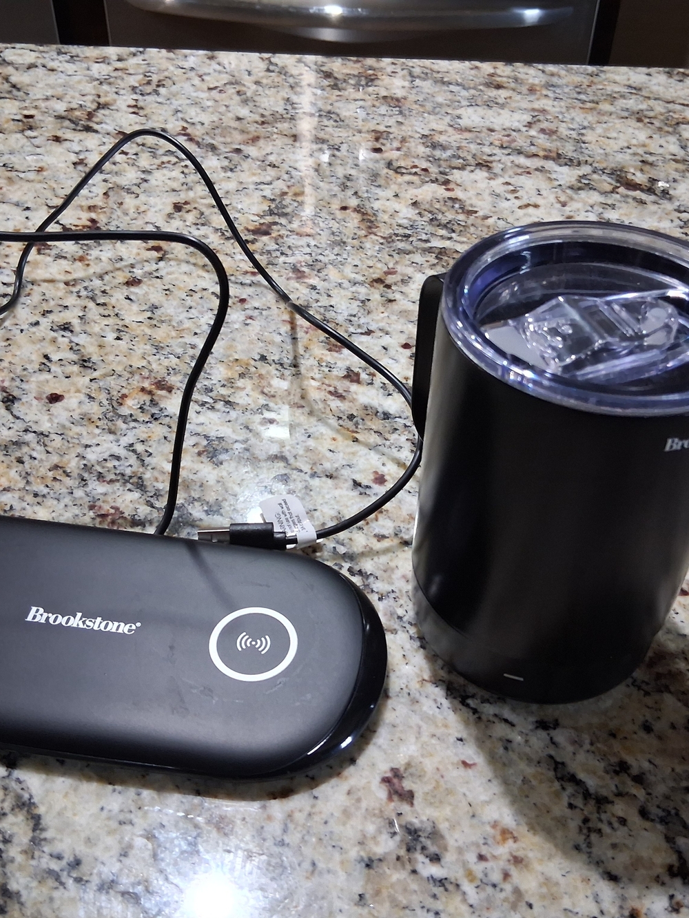 Brookstone Black Wireless Charging Pad with Black Insulated Travel Tumbler